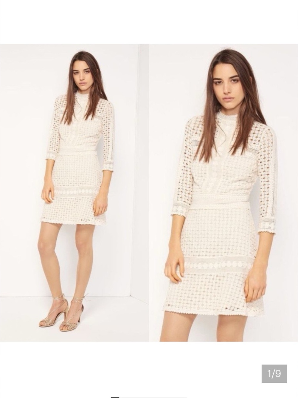 BA&SH Open Knit Lace
Crochet Embroidered Long Sleeve Mini Dress Ecru Cream